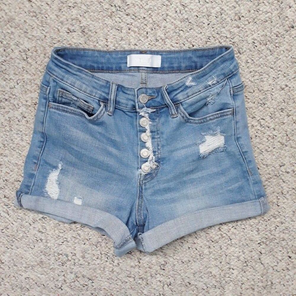 Vervet Midrise Exposed Button Fly Distressed Raw Hem Shorts 26